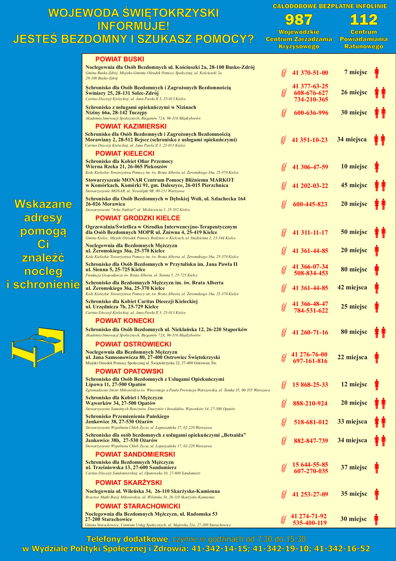 Plakat informacyjny: WOJEWODA ŚWIĘTOKRZYSKI INFORMUJE! JESTEŚ BEZDOMNY I SZUKASZ POMOCY? CAŁODOBOWE BEZPŁATNE INFOLINIE: 987 Wojewódzkie Centrum Zarządzania Kryzysowego, 112 Centrum Powiadamiania Ratunkowego